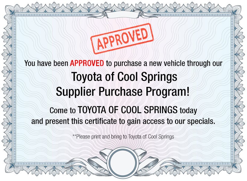 Toyota of Cool Springs Supplier Purchase Program Certificate